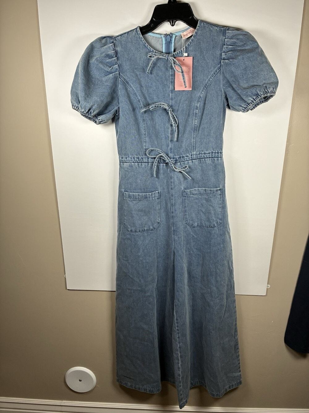 Ivy City Co XS Denim Wide Leg Jumpsuit NWT Puff Sleeve Bow Pockets Cottagecore
